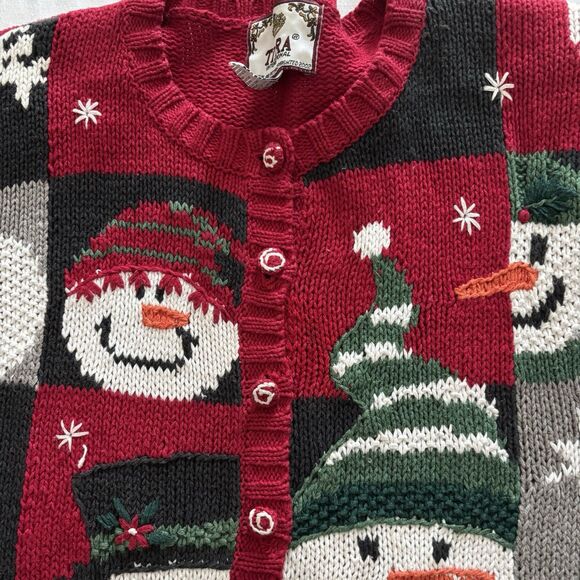 Vintage Tiara International Christmas Sweater Snowmen Faces Cardigan 90's Size M - Picture 2 of 15
